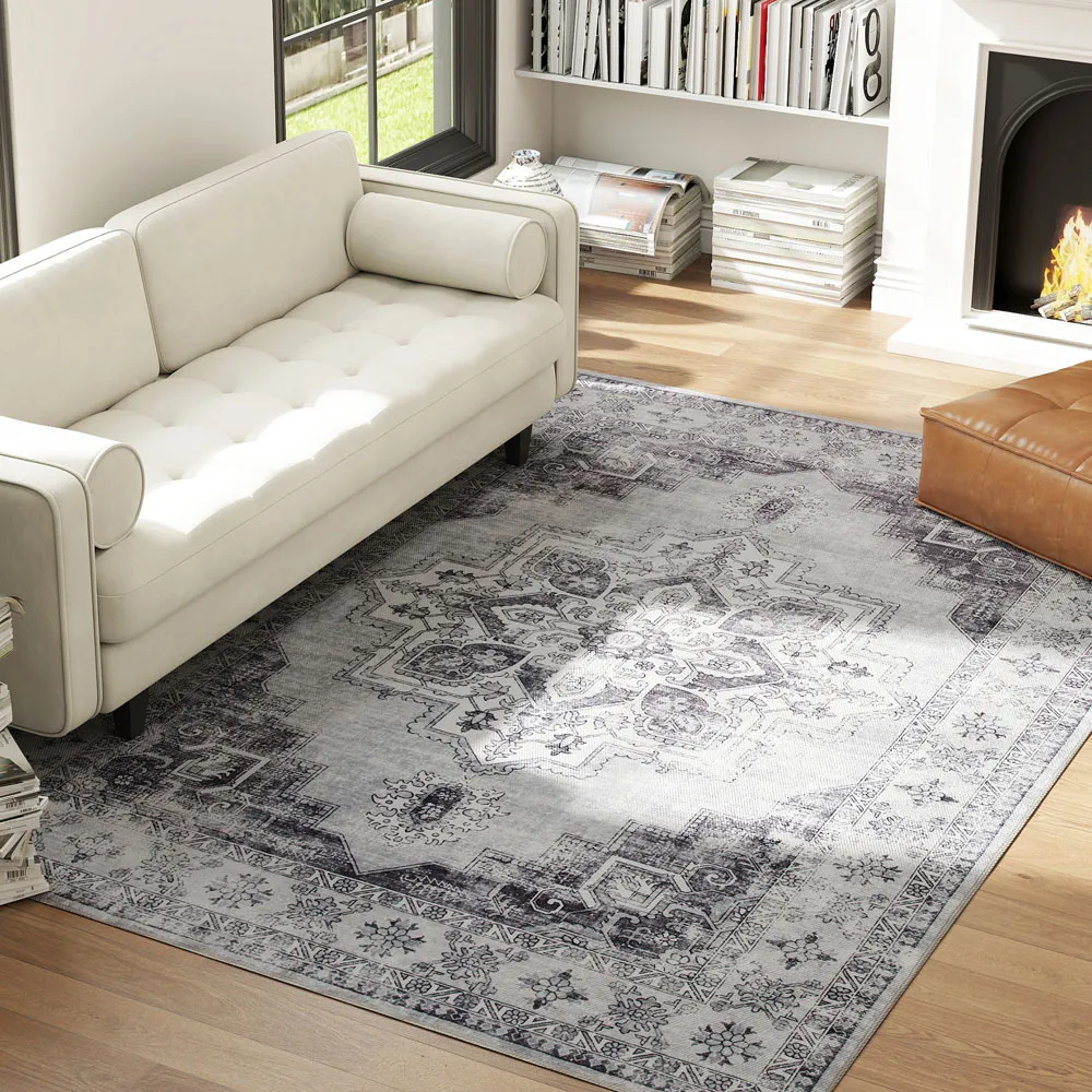 Grey Floral Non Slip Rug - Grey, Flannel