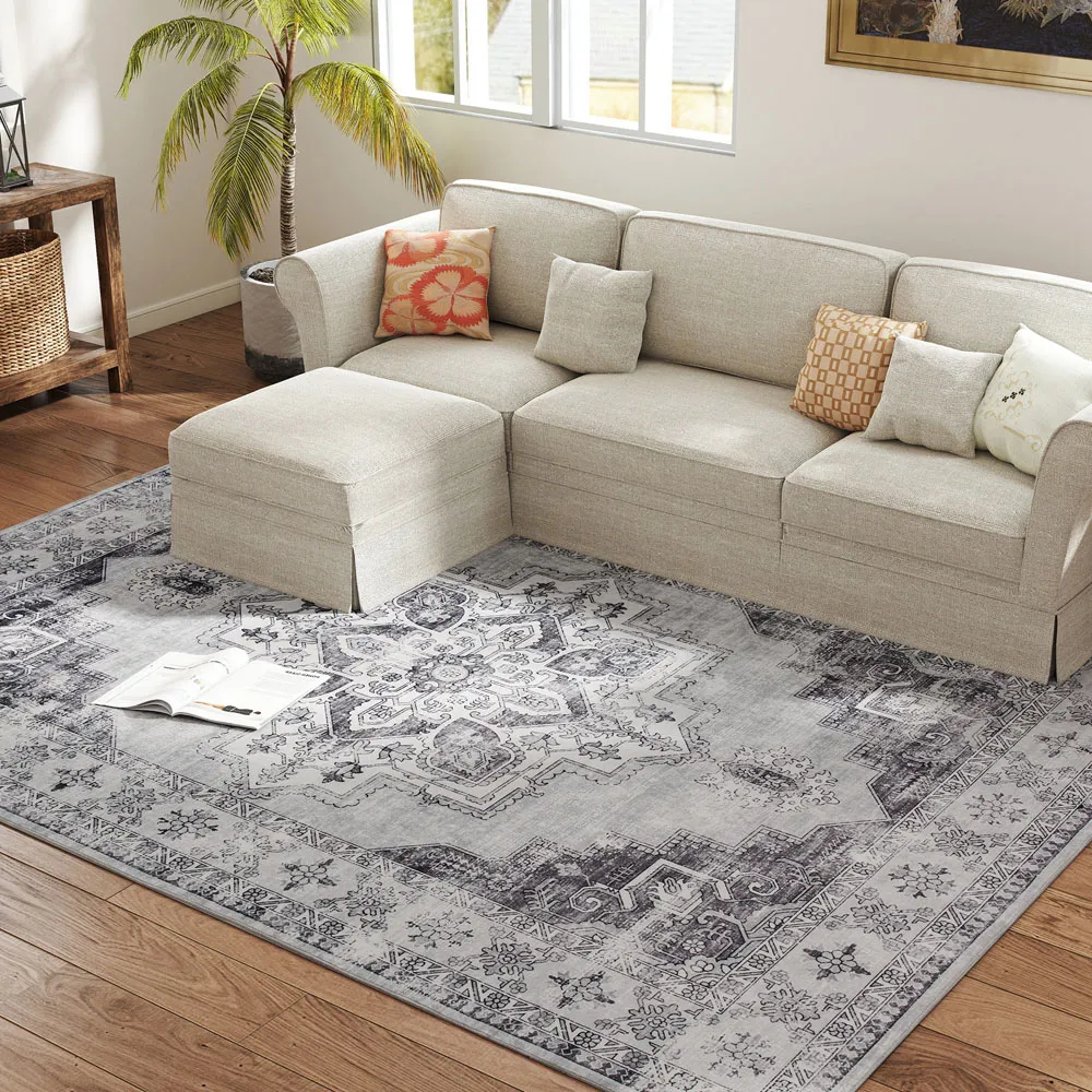 Grey Floral Non Slip Rug - Grey, Flannel