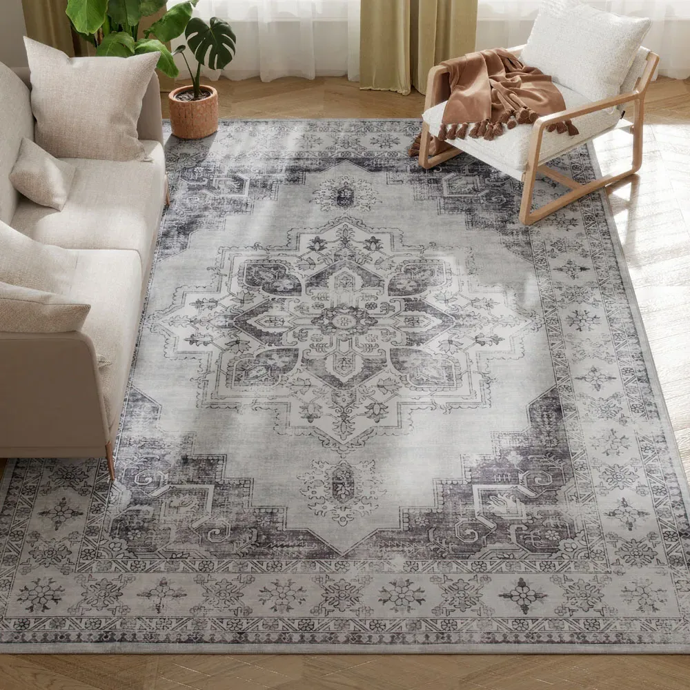 Grey Floral Non Slip Rug - Grey, Flannel