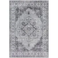 Grey Floral Non Slip Rug - Grey, Flannel