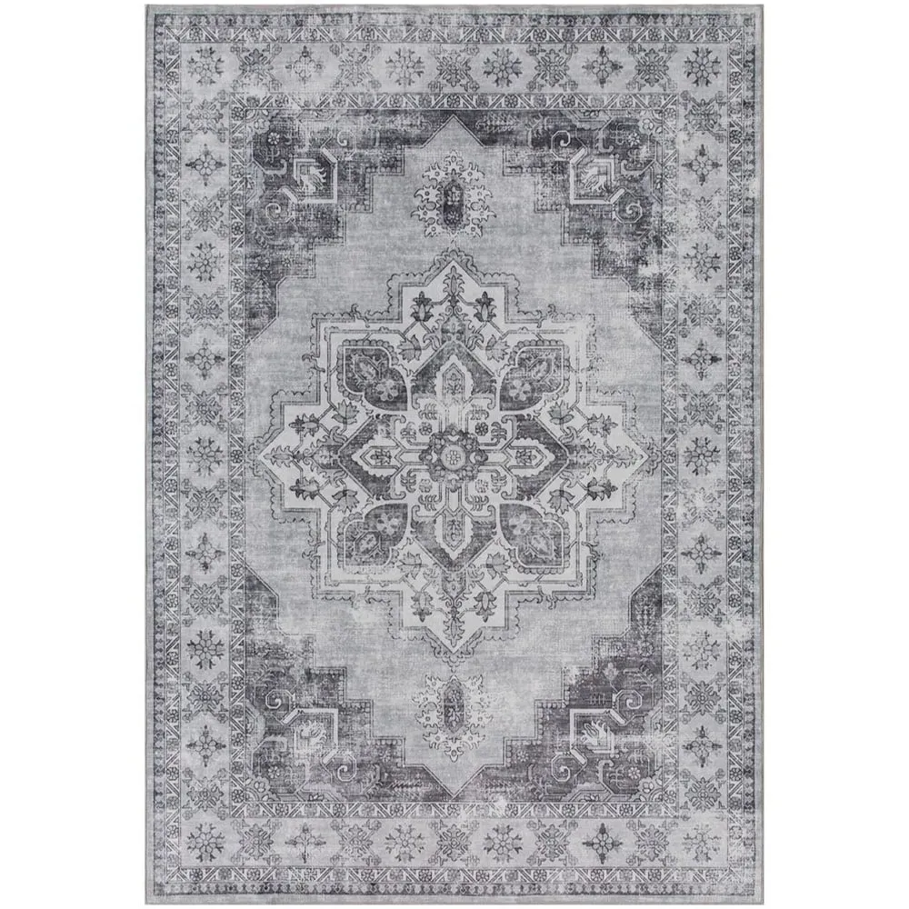 Grey Floral Non Slip Rug - Grey, Flannel