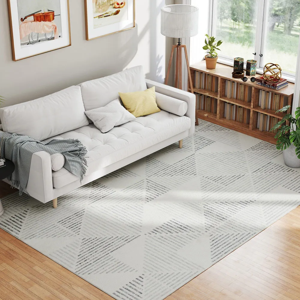 Grey Geometric Non Slip Rug - Grey, Polyester