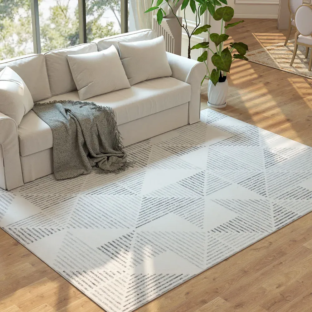 Grey Geometric Non Slip Rug - Grey, Polyester