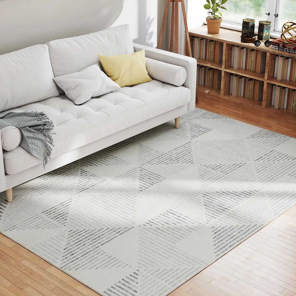 Grey Geometric Non Slip Rug - Grey, Polyester