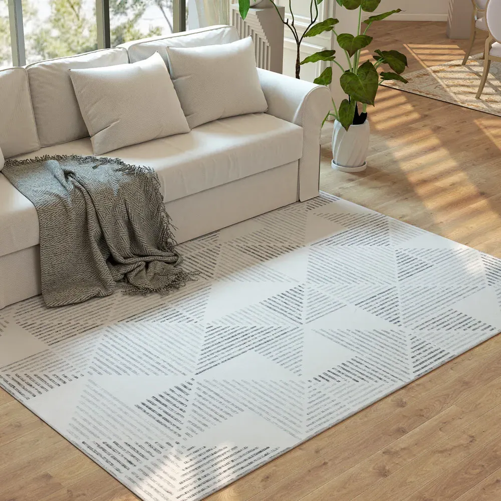 Grey Geometric Non Slip Rug - Grey, Polyester