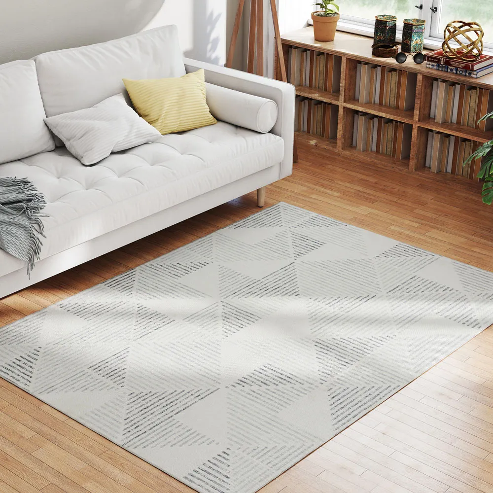 Grey Geometric Non Slip Rug - Grey, Polyester