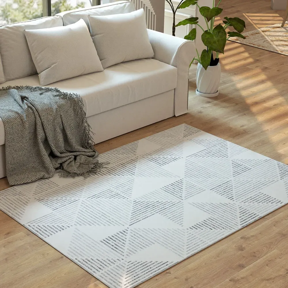 Grey Geometric Non Slip Rug - Grey, Polyester