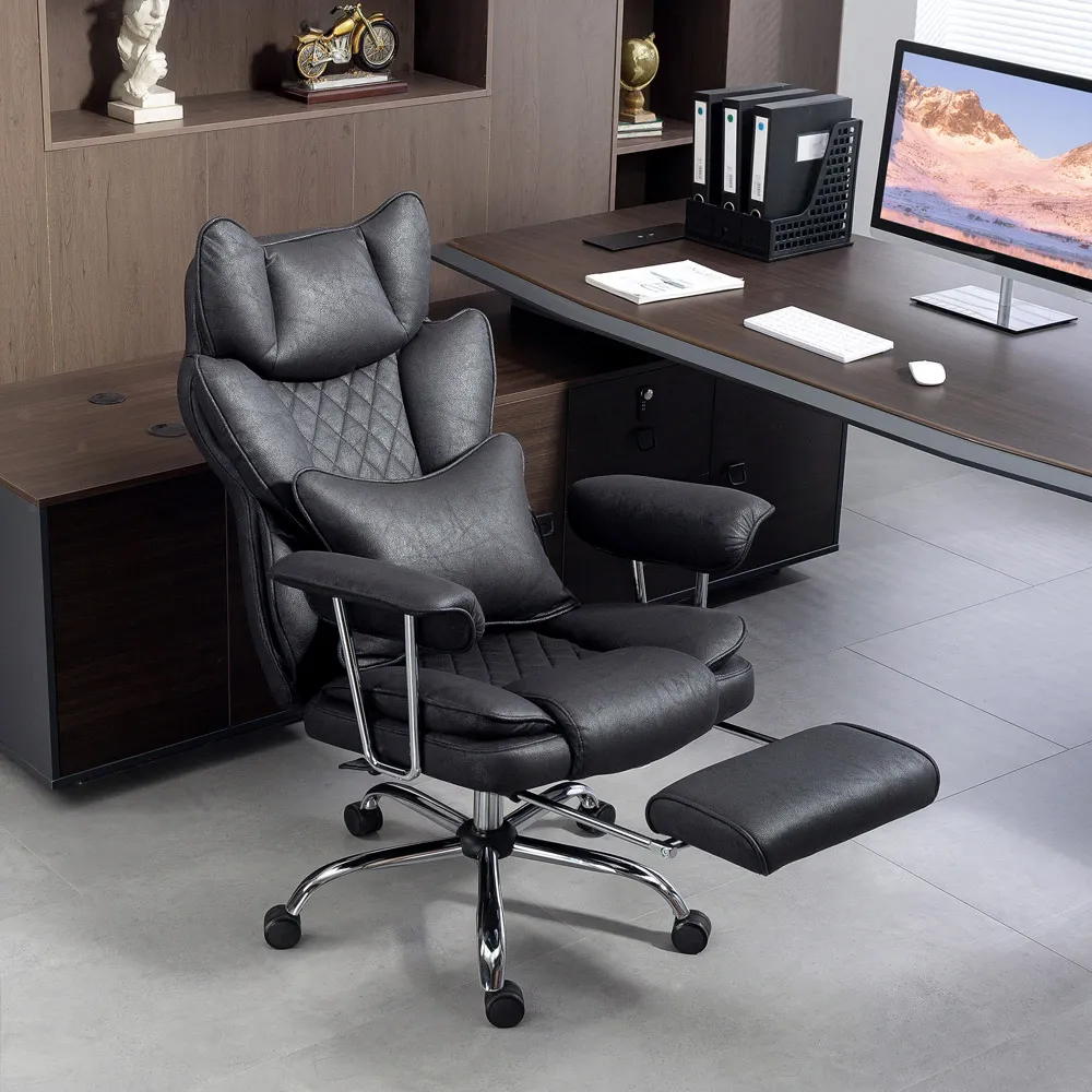 High Back Desk Chair with Footrest - Black, Leathaire