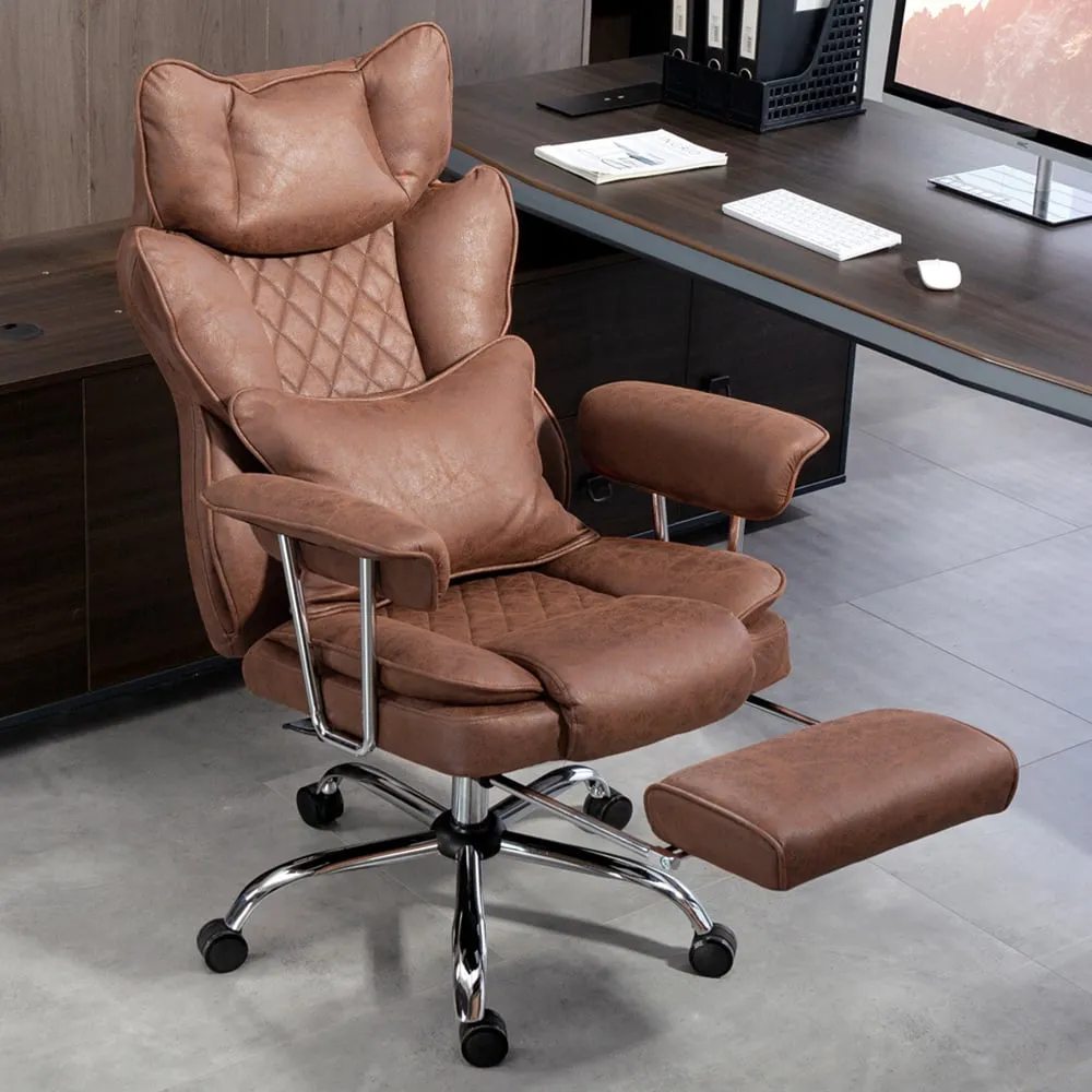 High Back Desk Chair with Footrest - Brown, Leathaire