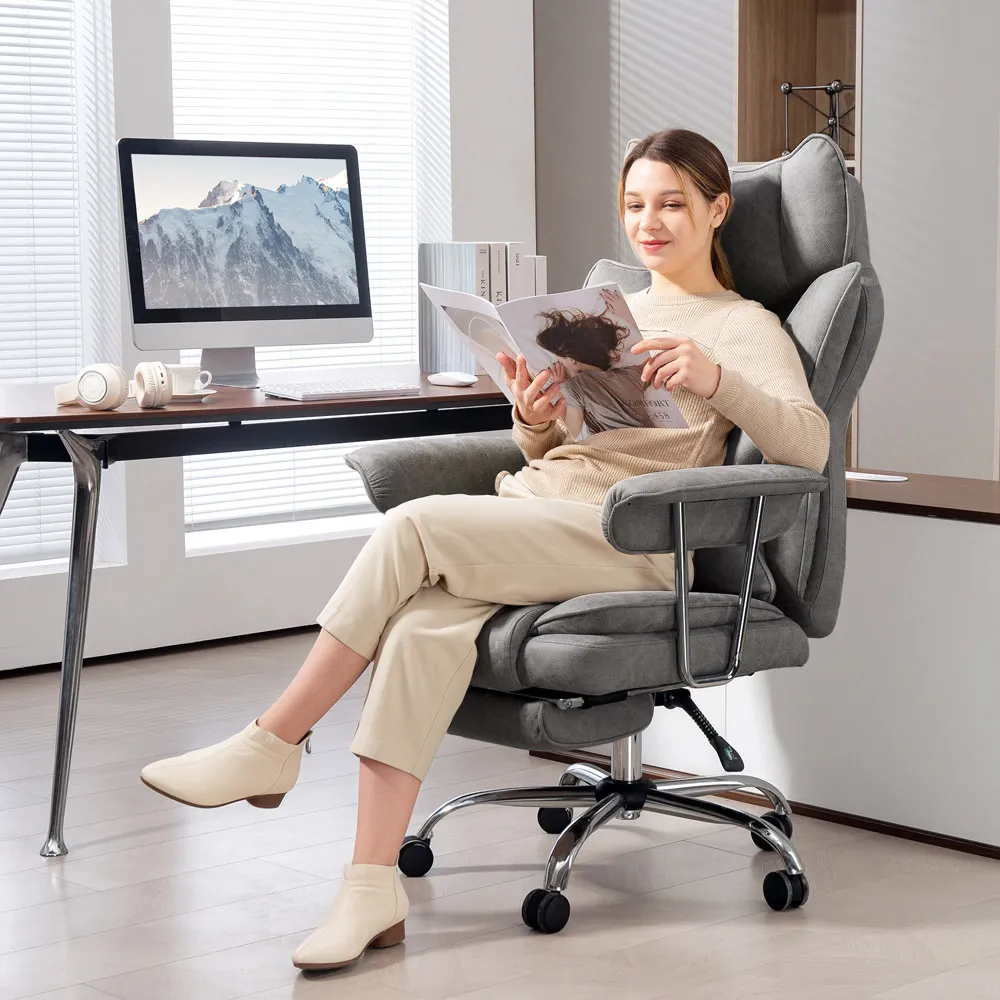 High Back Desk Chair with Footrest - Grey, Leathaire