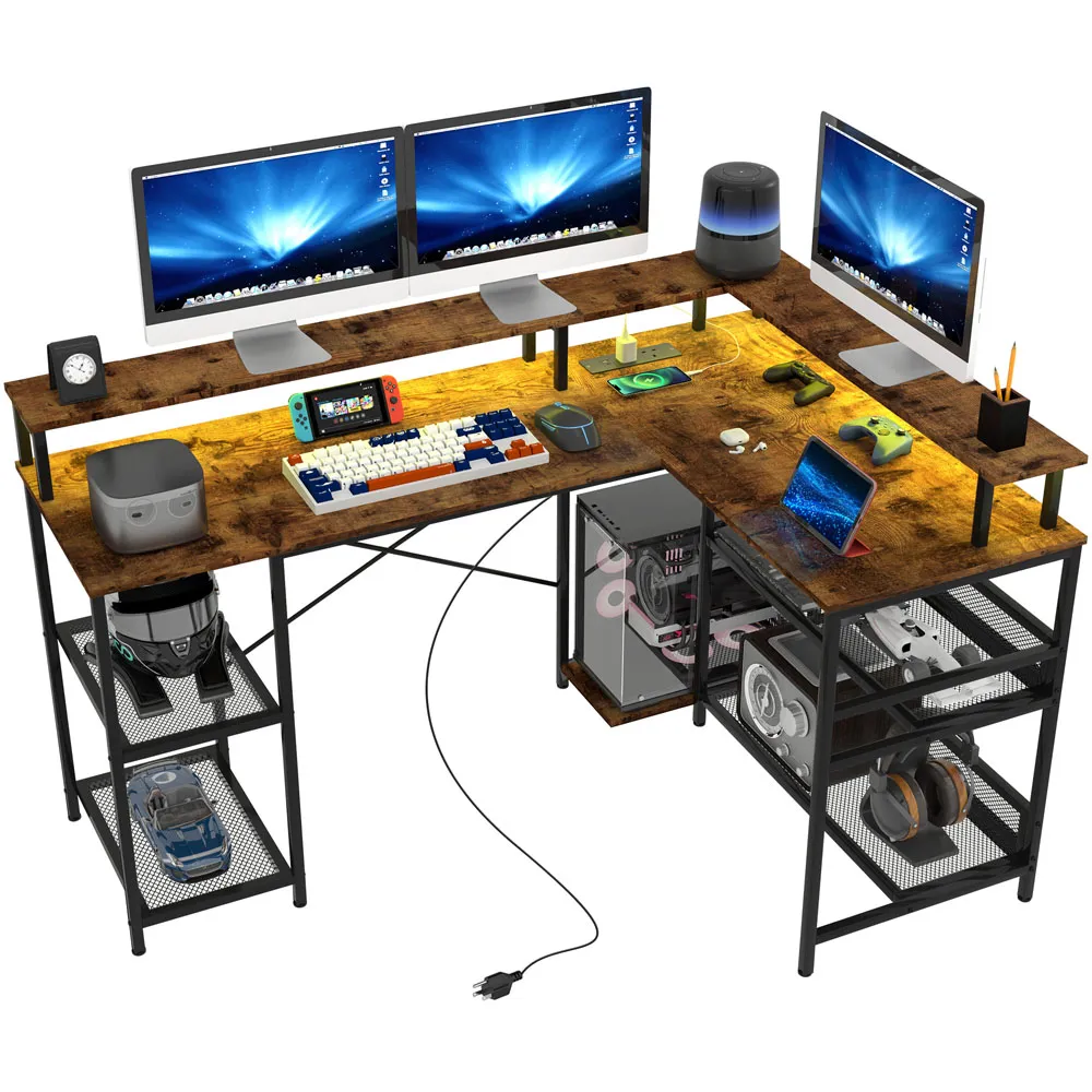 L-Shape LED Gaming Desk with Power Outlets - Brown