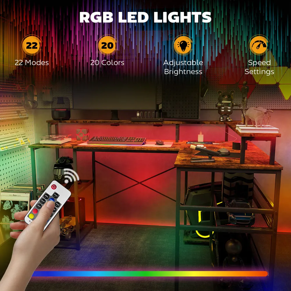 L-Shape LED Gaming Desk with Power Outlets - Brown