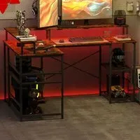 L-Shape LED Gaming Desk with Power Outlets - Brown