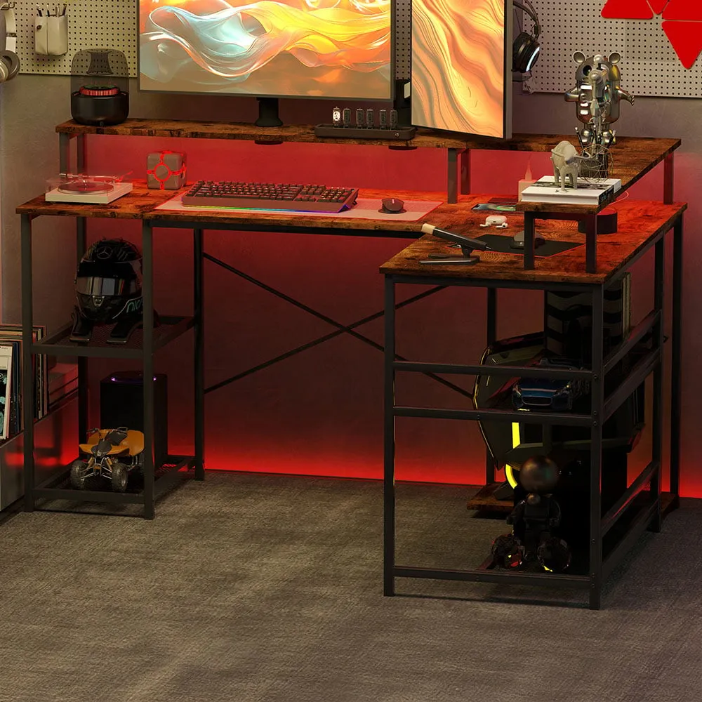 L-Shape LED Gaming Desk with Power Outlets - Brown