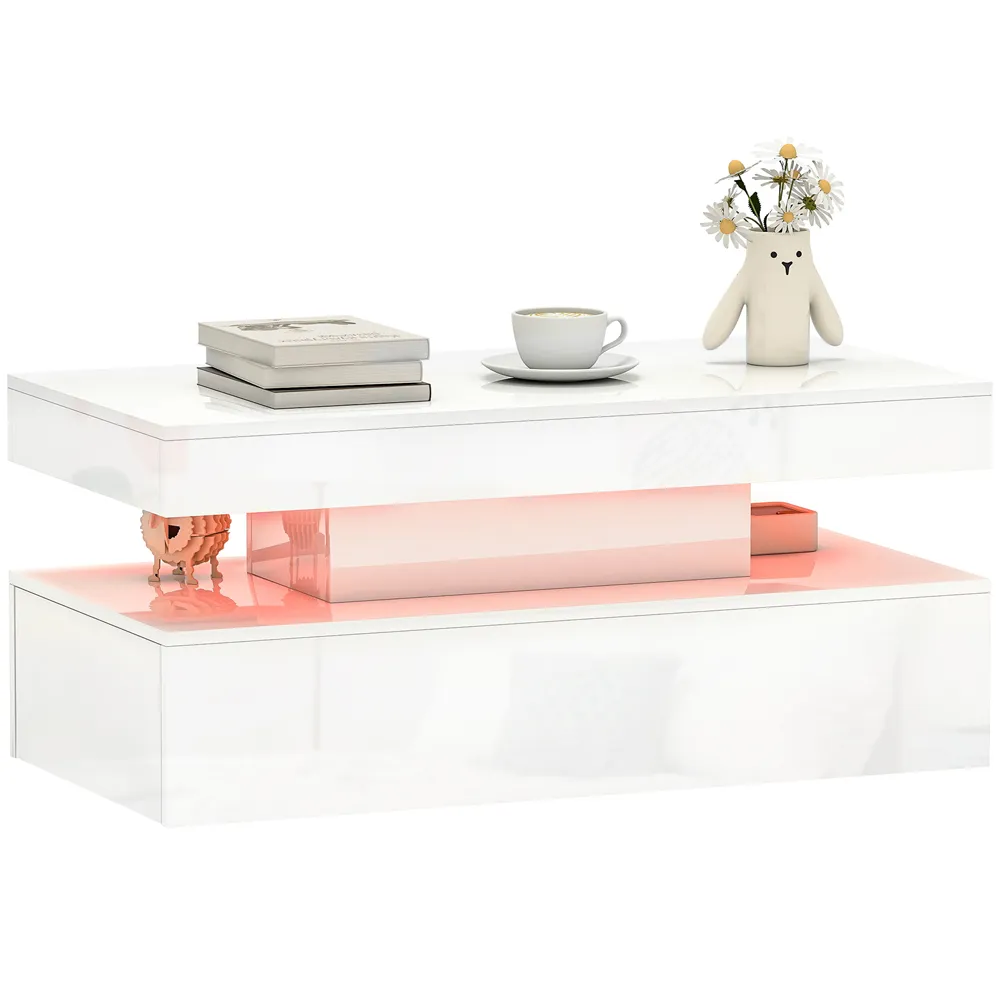 LED Coffee Table with Storage - White, High Gloss