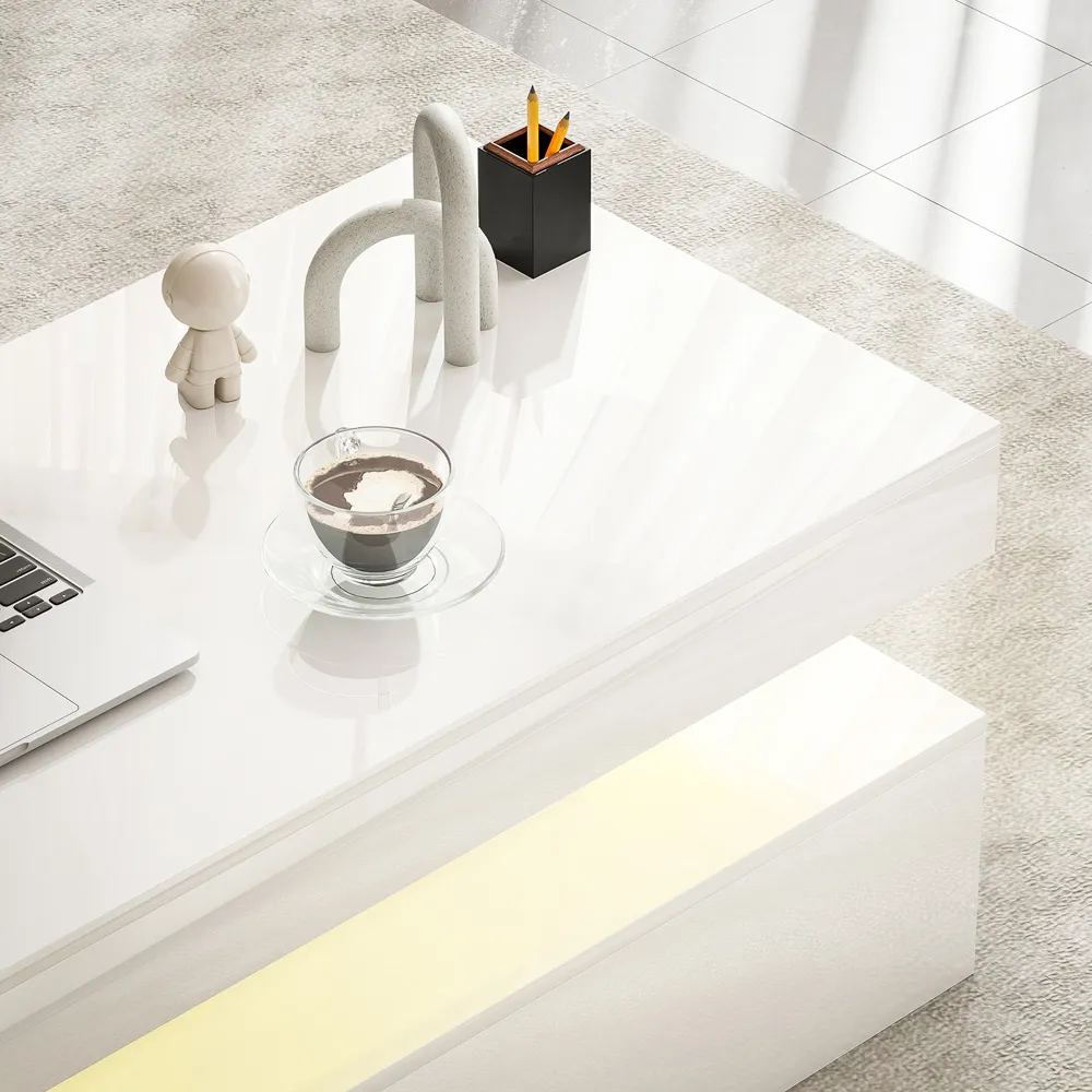 LED Coffee Table with Storage - White, High Gloss