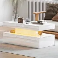 LED Coffee Table with Storage - White, High Gloss