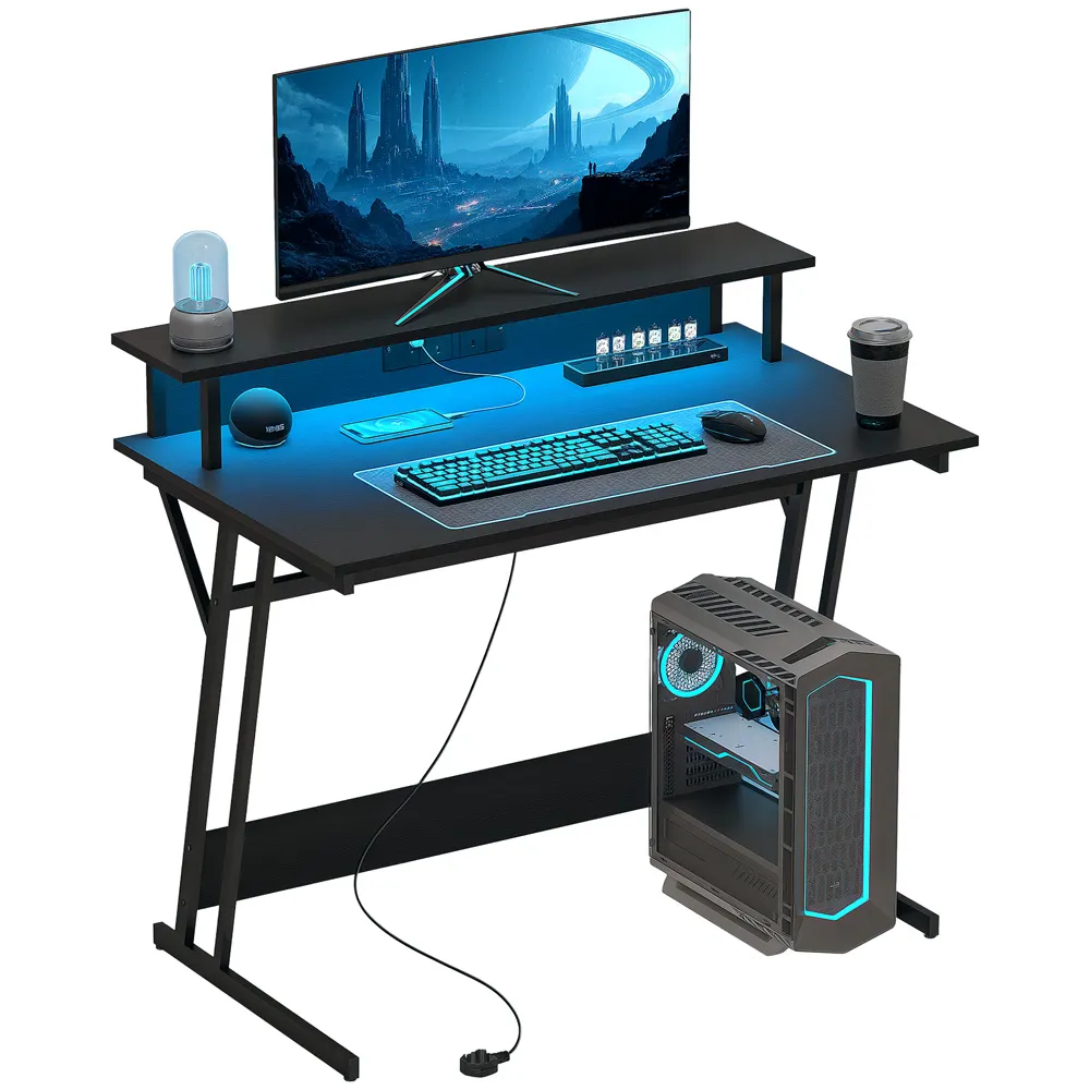 LED Gaming Desk with Power Outlets and Monitor Stand - Black