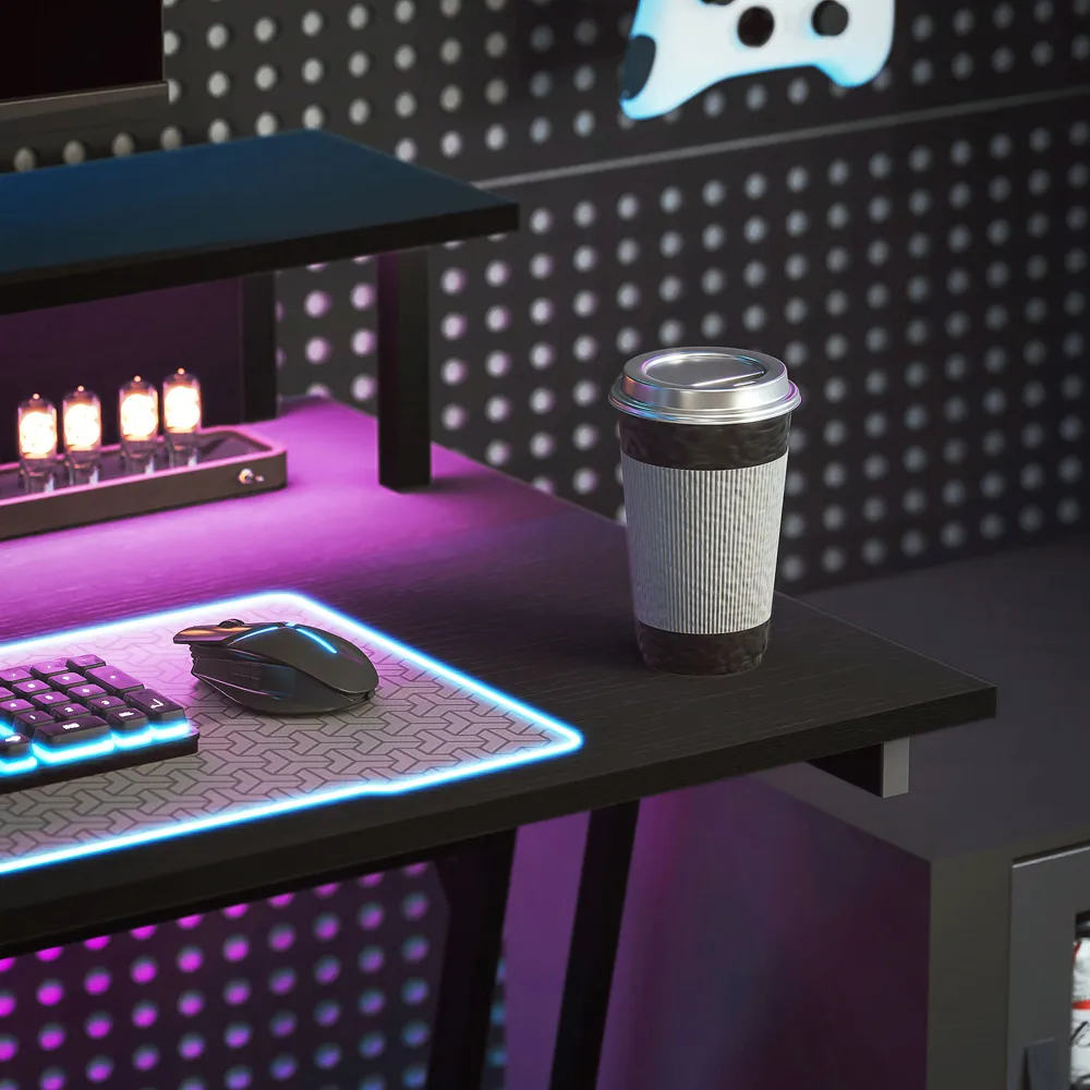 LED Gaming Desk with Power Outlets and Monitor Stand - Black
