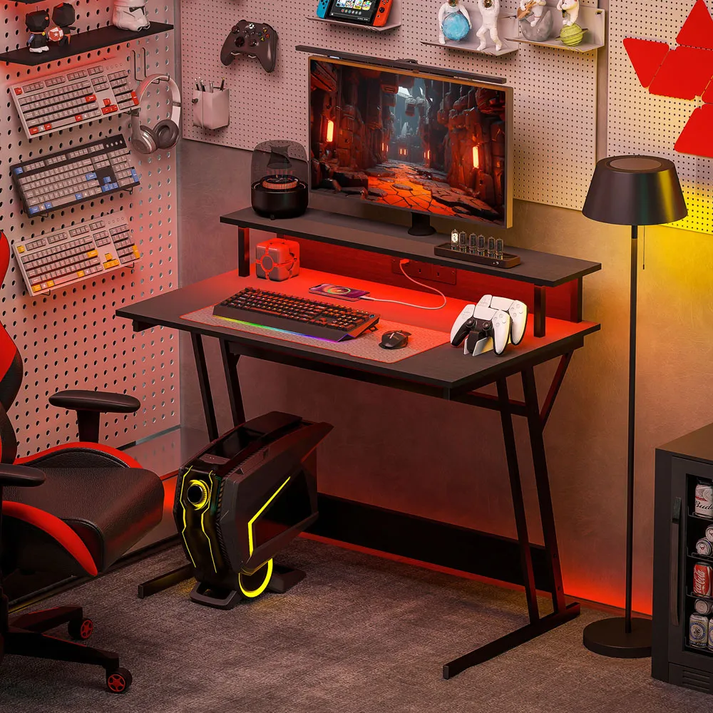 LED Gaming Desk with Power Outlets and Monitor Stand - Black