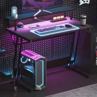 LED Gaming Desk with Power Outlets and Monitor Stand - Black