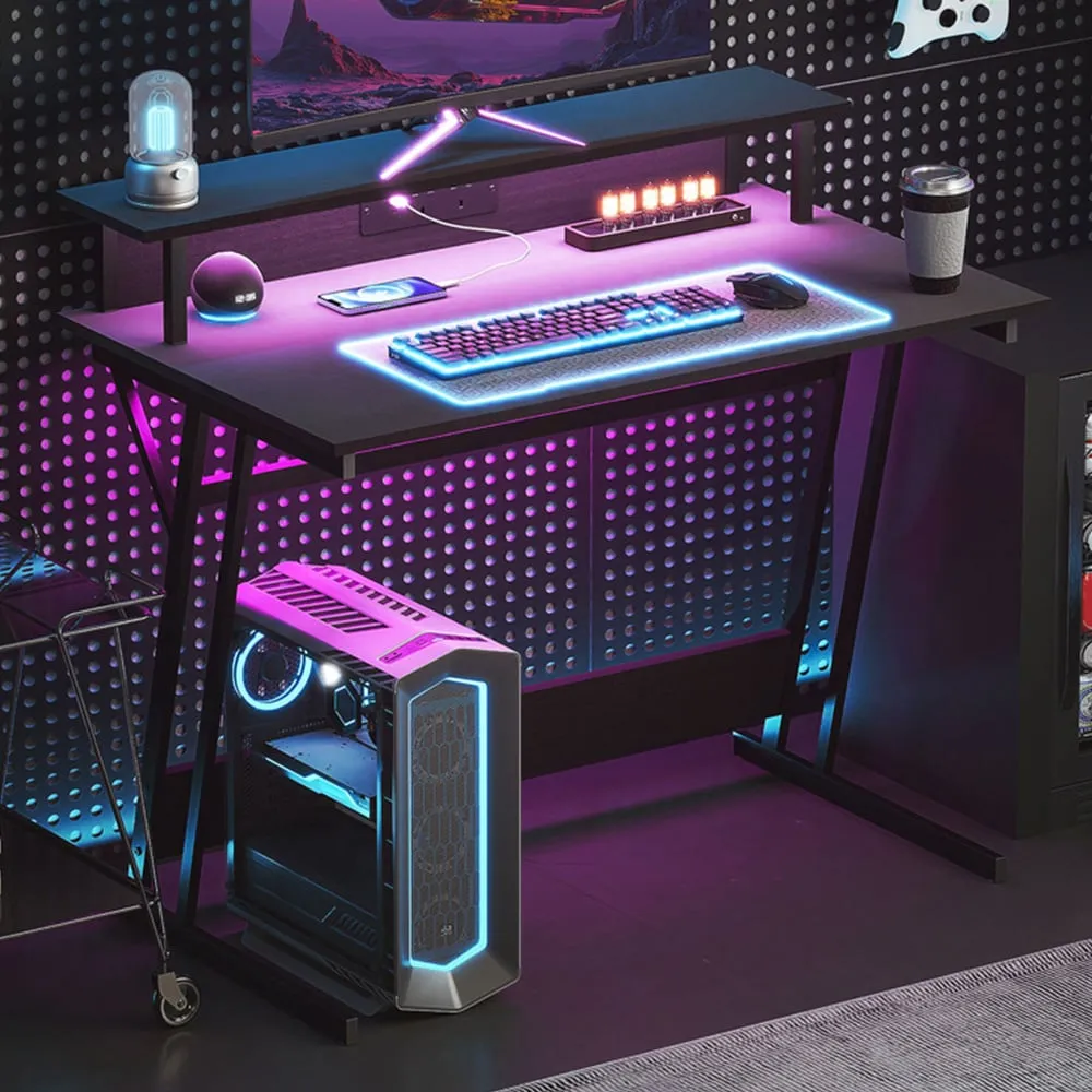 LED Gaming Desk with Power Outlets and Monitor Stand - Black image