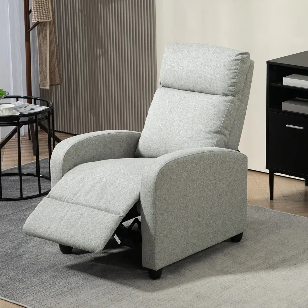 Linen Push Back Recliner Armchair with Adjustable Leg Rest - Grey