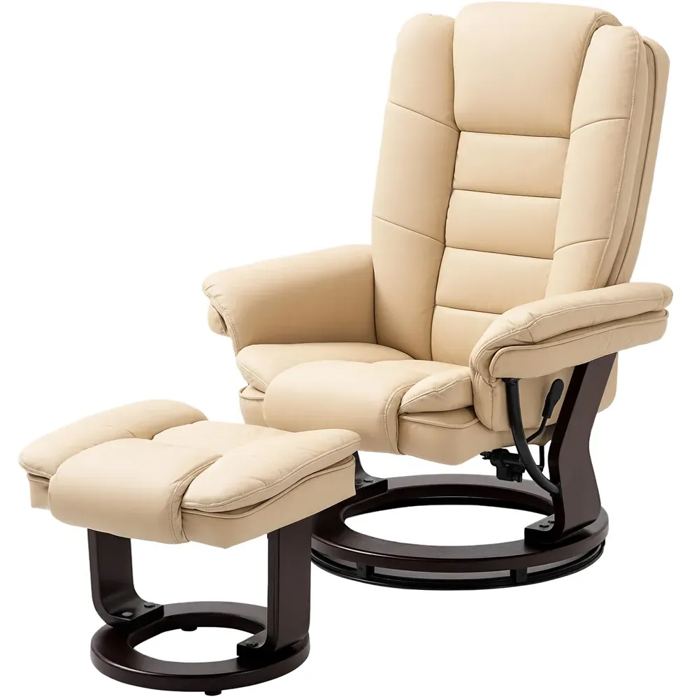 Manual Recliner Armchair with Footstool - Beige, PU Leather