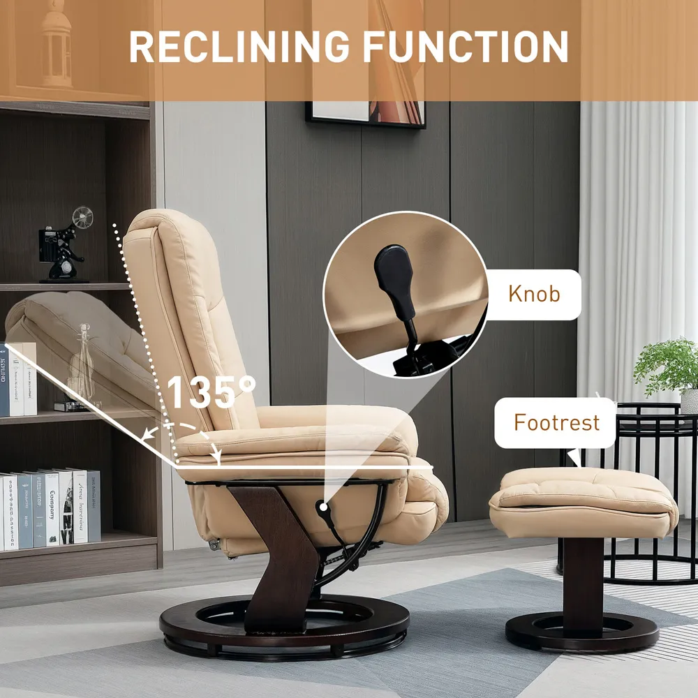 Manual Recliner Armchair with Footstool - Beige, PU Leather