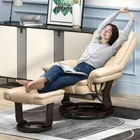 Manual Recliner Armchair with Footstool - Beige, PU Leather