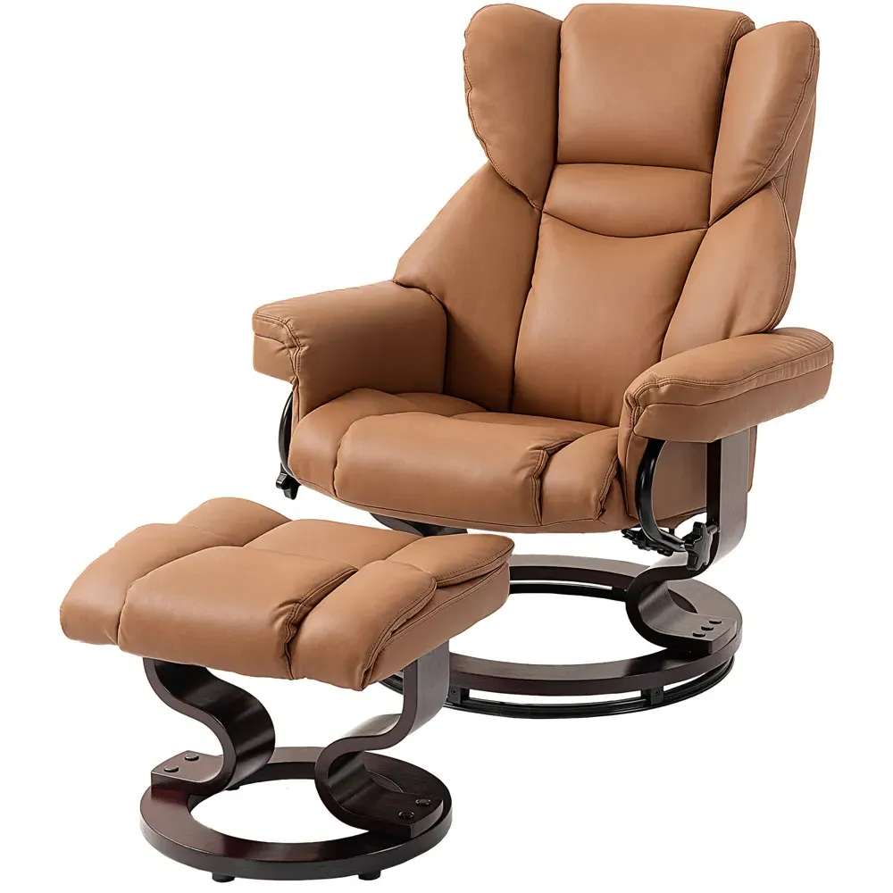 Manual Reclining Armchair with Footstool - Brown, PU Leather