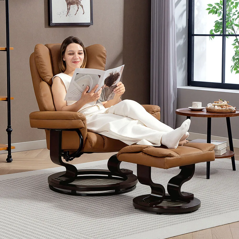 Manual Reclining Armchair with Footstool - Brown, PU Leather