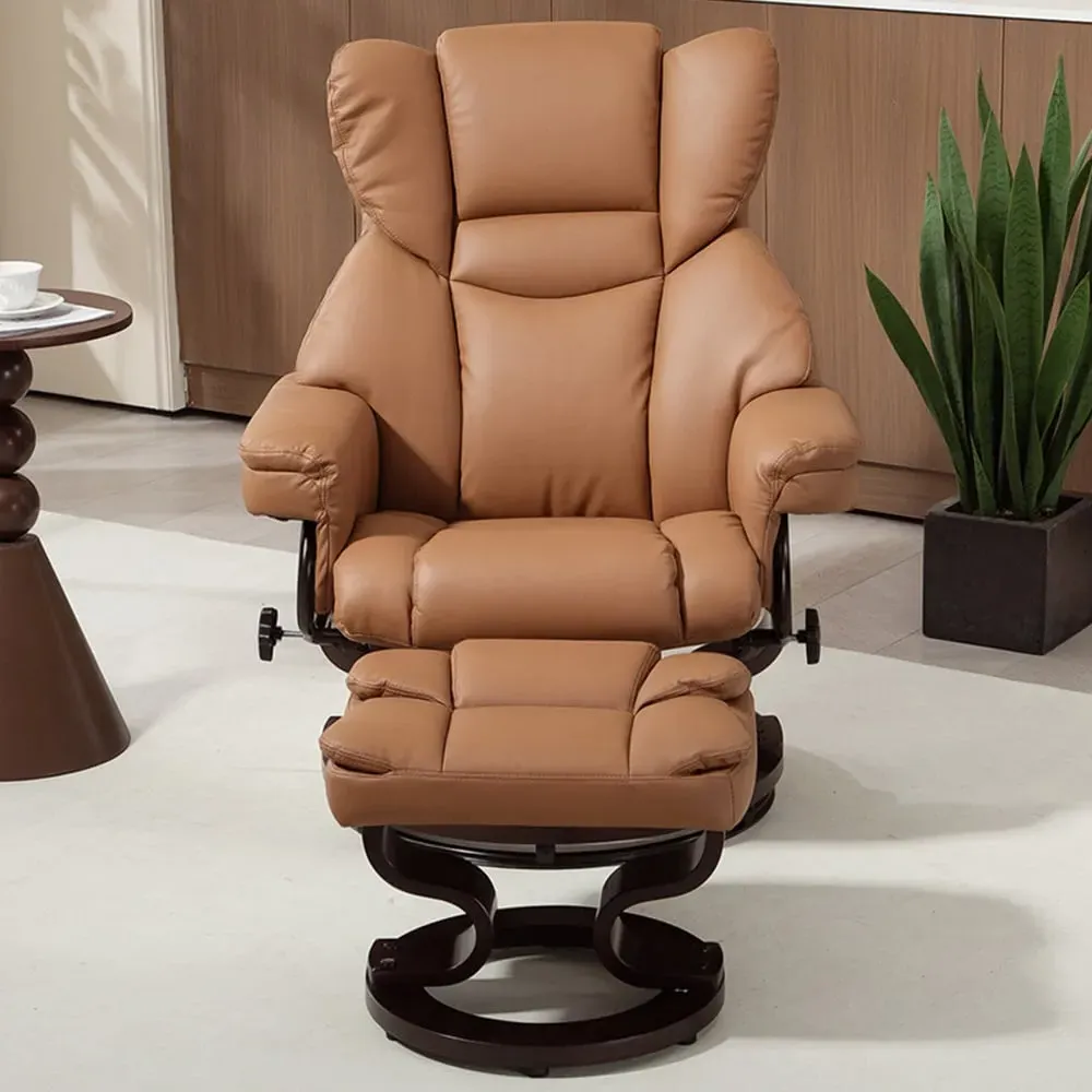 Manual Reclining Armchair with Footstool - Brown, PU Leather