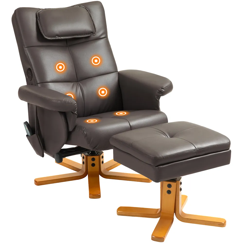 Massage Recliner Chair with Storage Footstool - Brown, PU Leather