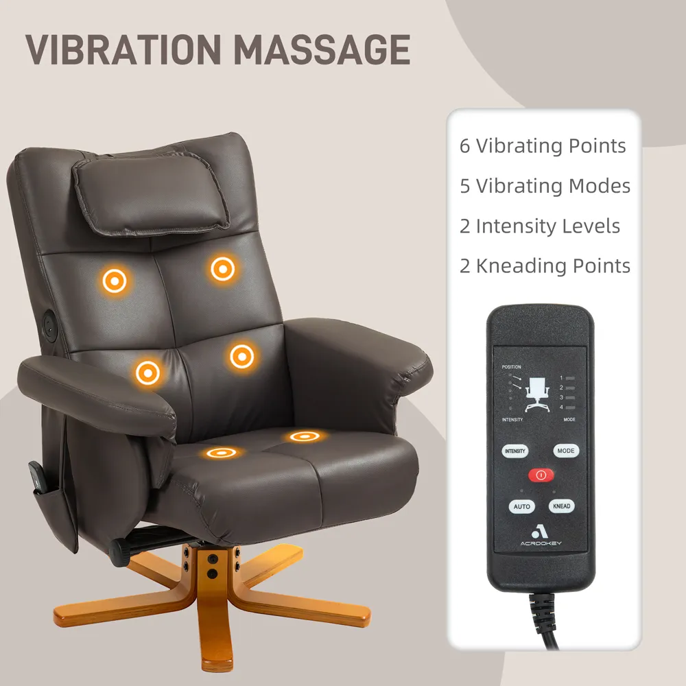 Massage Recliner Chair with Storage Footstool - Brown, PU Leather
