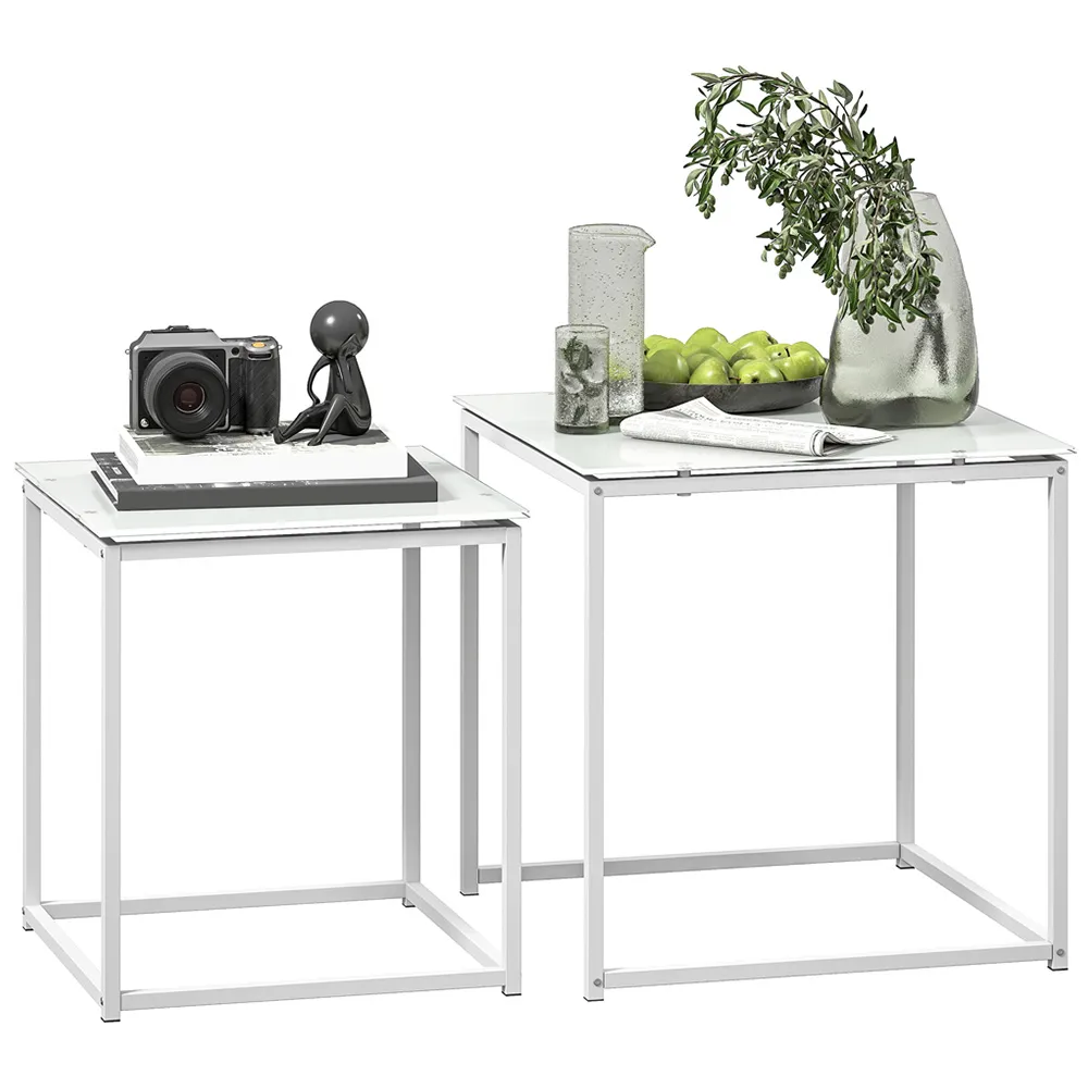 Nest of Tables Set of 2 - White, Tempered Glass