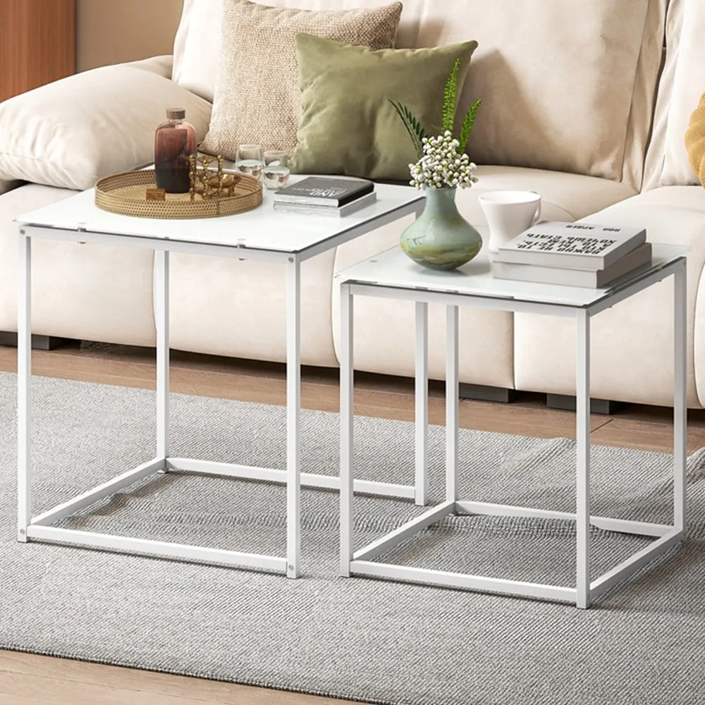 Nest of Tables Set of 2 - White, Tempered Glass
