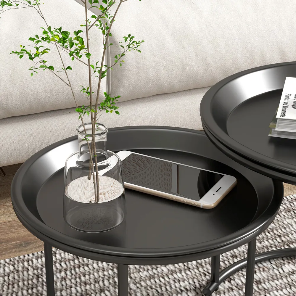 Nesting Side Tables Set of 2 with Removable Trays - Black
