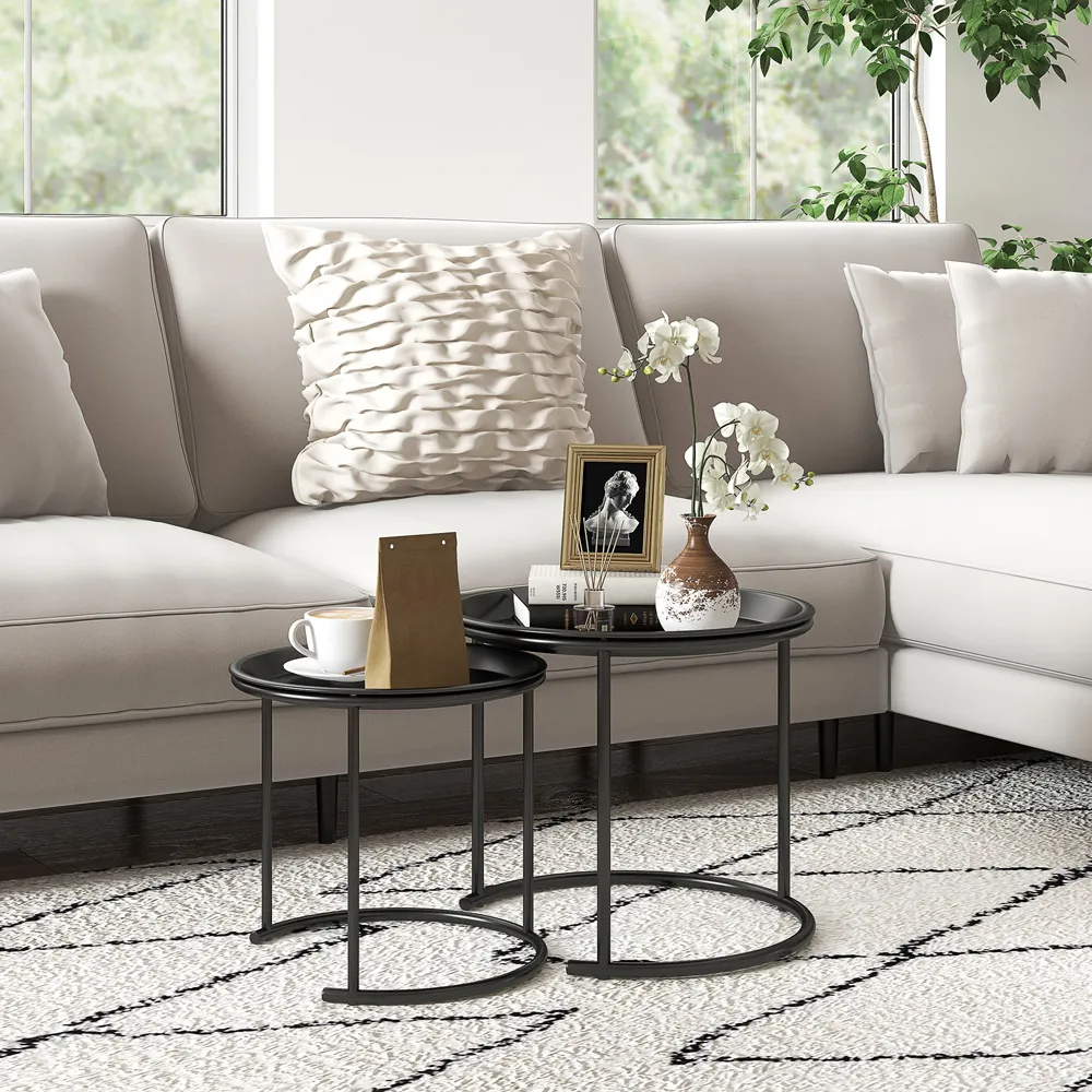 Nesting Side Tables Set of 2 with Removable Trays - Black