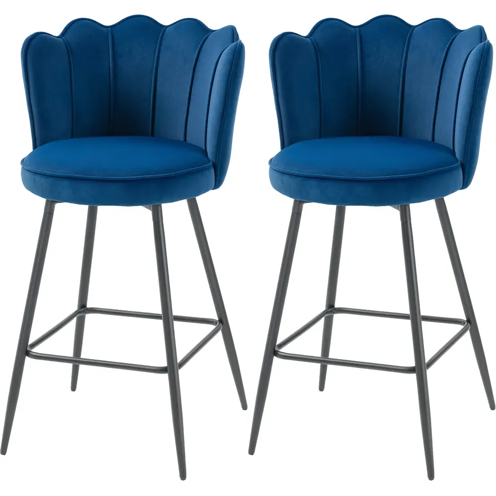 Petal Backrest Bar Stool Set of 2 - Dark Blue, Velvet