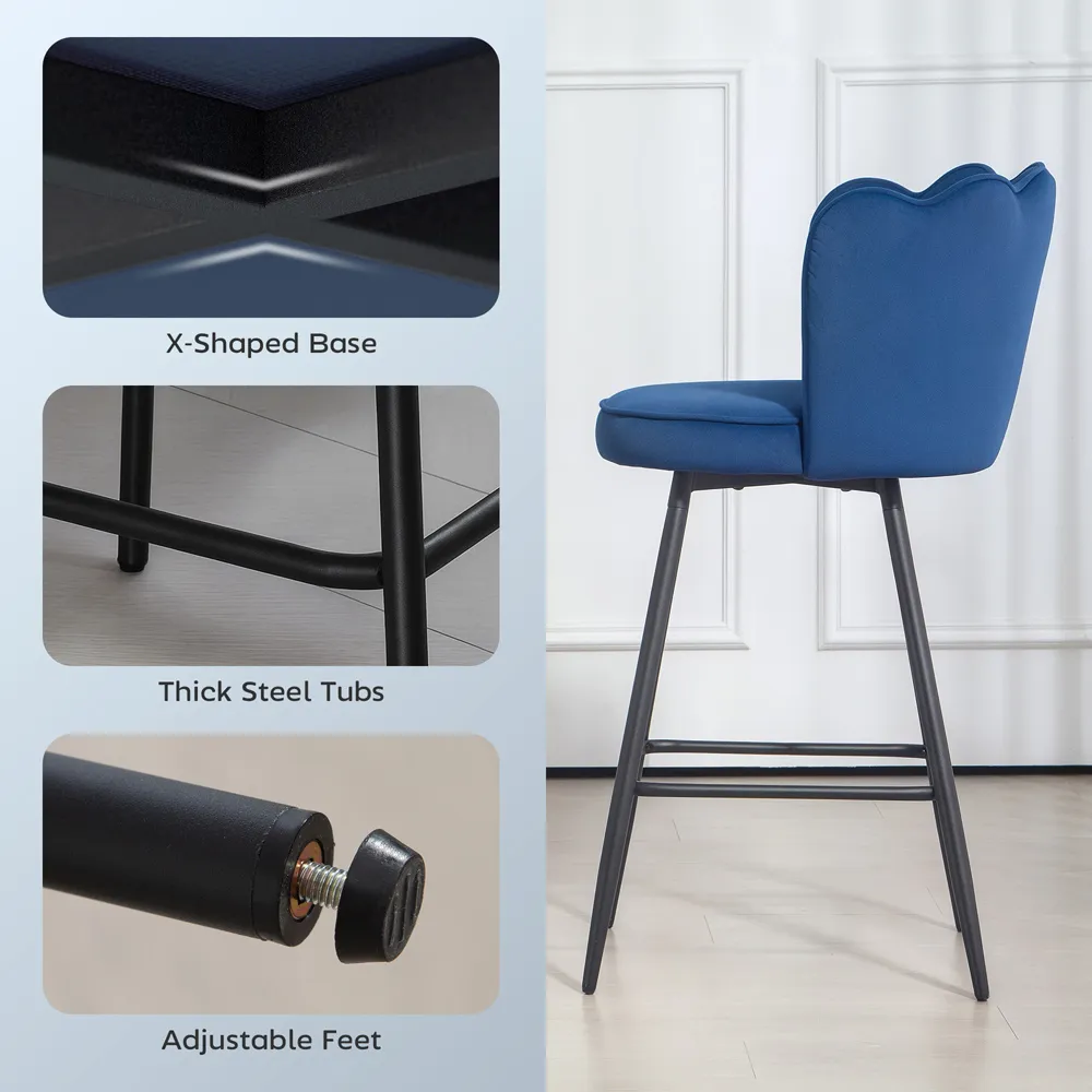 Petal Backrest Bar Stool Set of 2 - Dark Blue, Velvet