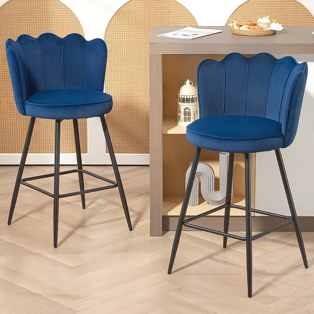 Petal Backrest Bar Stool Set of 2 - Dark Blue, Velvet image