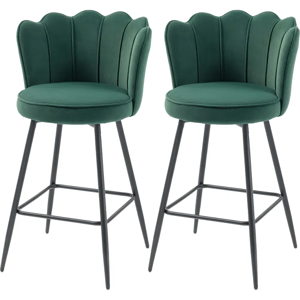 Petal Backrest Bar Stool Set of 2 - Dark Green, Velvet