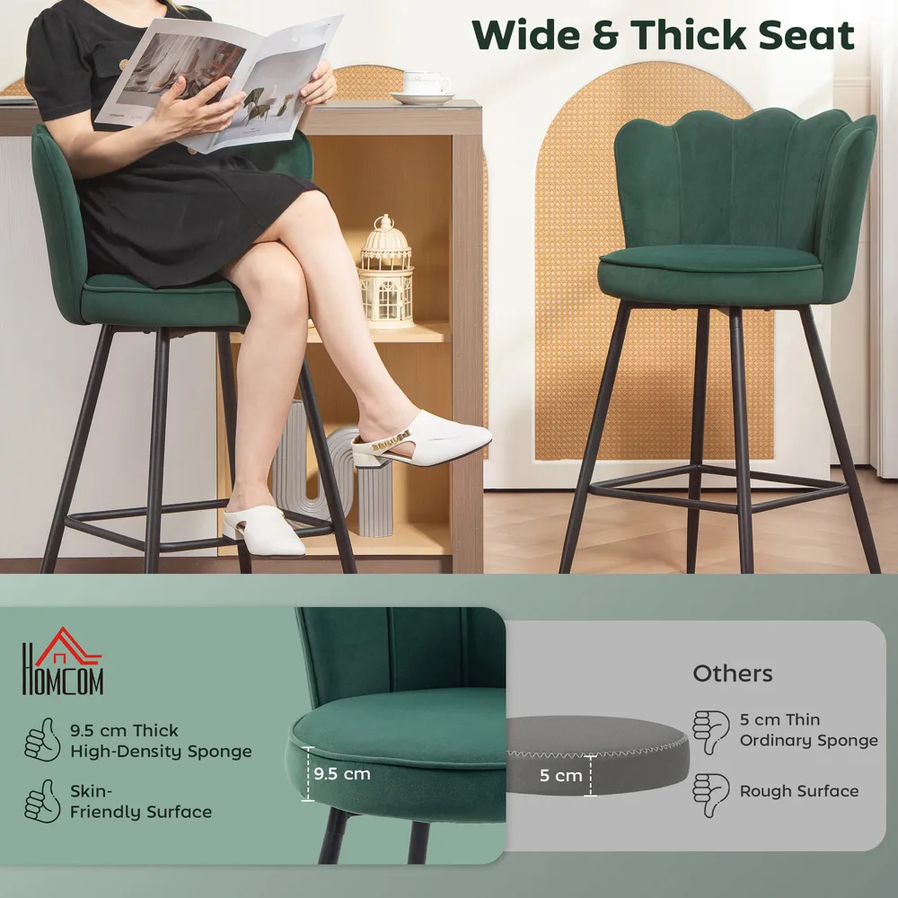 Petal Backrest Bar Stool Set of 2 - Dark Green, Velvet