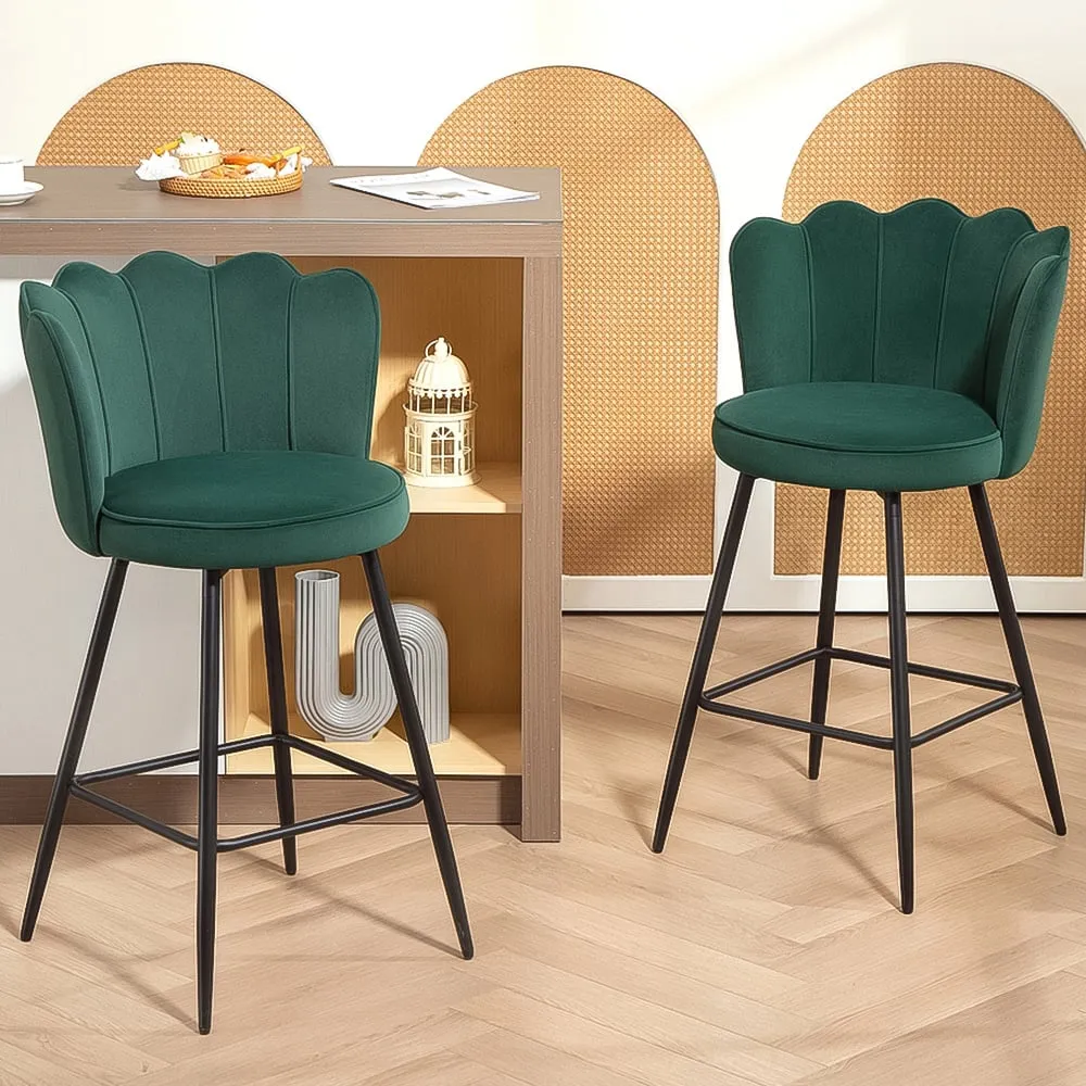 Petal Backrest Bar Stool Set of 2 - Dark Green, Velvet