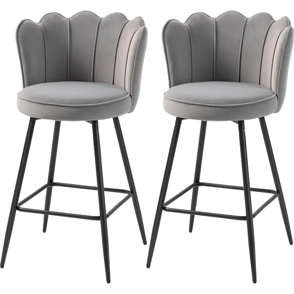Petal Backrest Bar Stool Set of 2 - Grey, Velvet