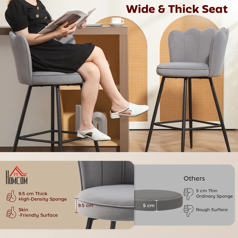 Petal Backrest Bar Stool Set of 2 - Grey, Velvet