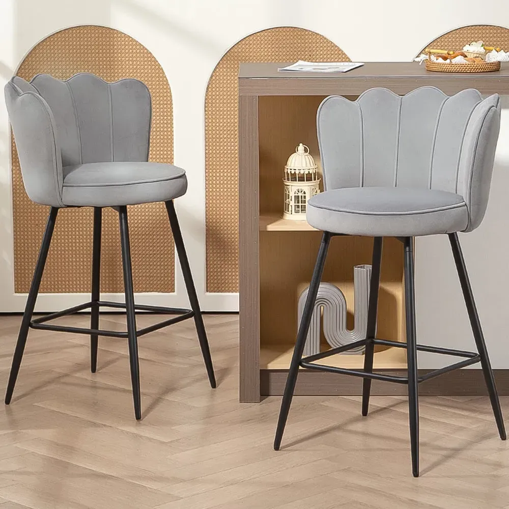 Petal Backrest Bar Stool Set of 2 - Grey, Velvet