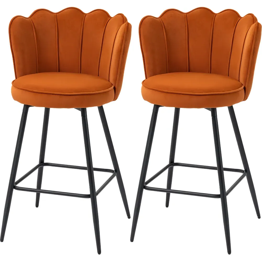 Petal Backrest Bar Stool Set of 2 - Orange, Velvet