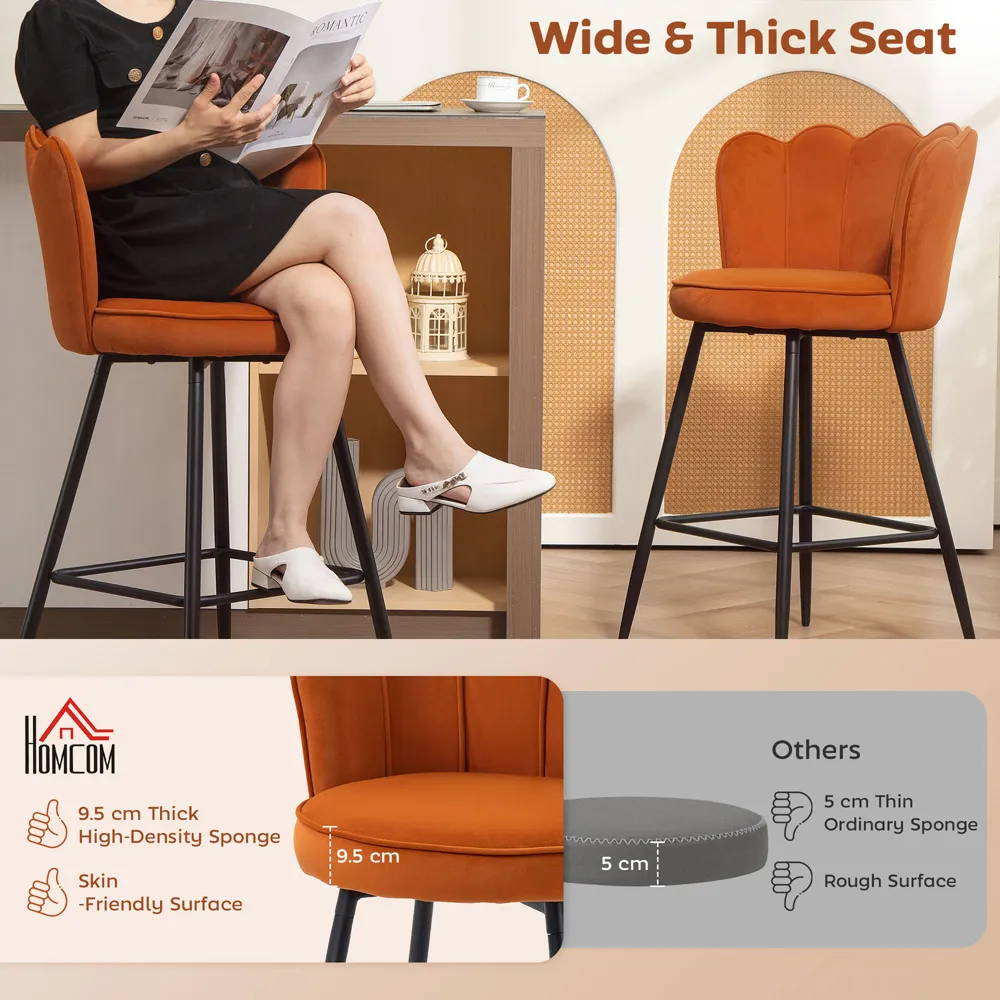 Petal Backrest Bar Stool Set of 2 - Orange, Velvet